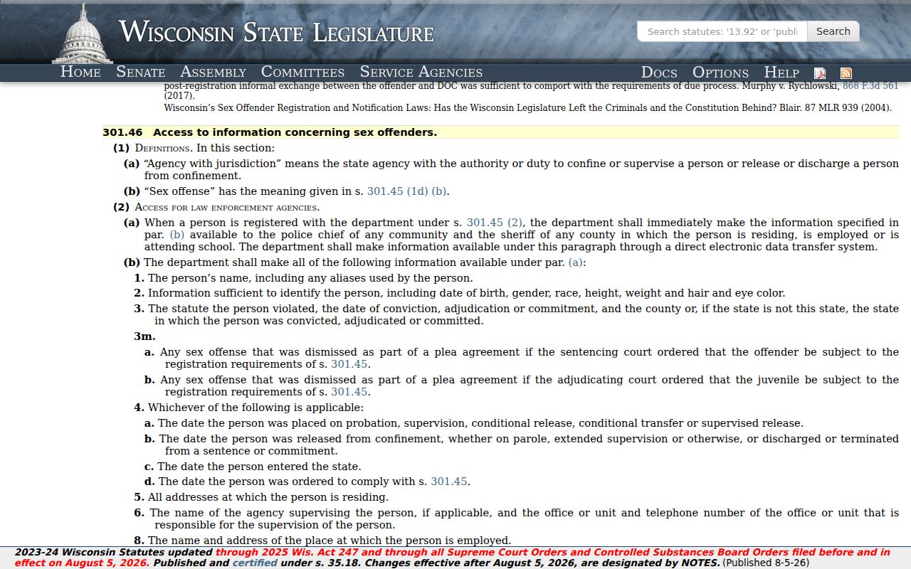 Taylor County sex offender registry Wisconsin disclosure law