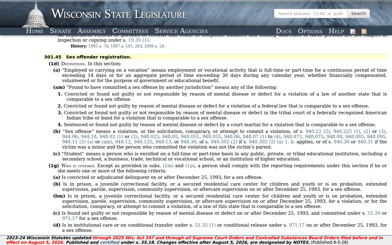 Taylor County sex offender check Wisconsin registration law