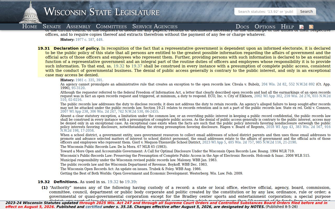 Stetsonville criminal history Wisconsin public records policy